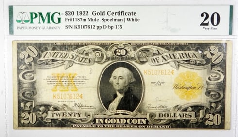 $20 1922 GOLD CERTIFICATE PMG 20