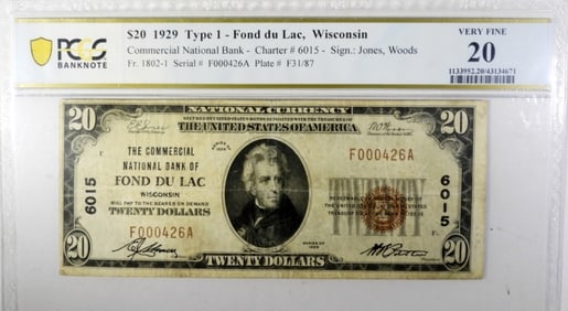 $20 1929 TYPE 1 -FOND DU LAC WI  PMG 20