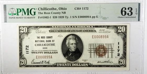 $20 1929 CHILLICOTHE, OHIO  PMG 63