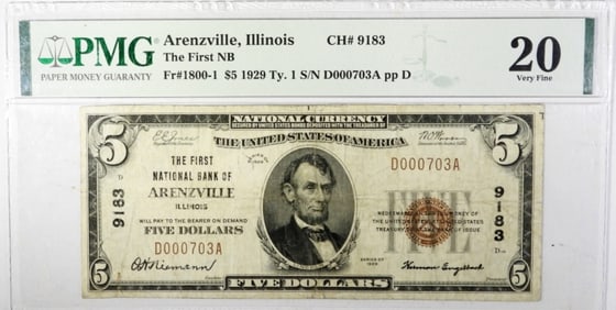 $5 1929 ARENZVILLE,ILLINOIS PMG 20