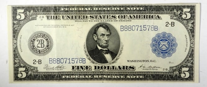 $5 1914 FED RSV NOTE  NEW YORK