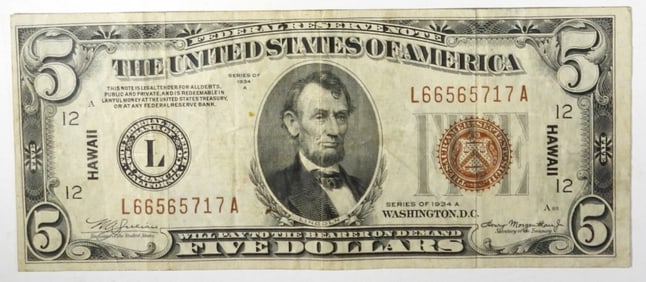 $5 1934 SILVER CERTIFICATE HAWAII