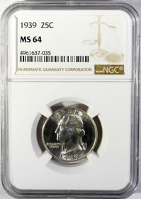 1939 WASHINGTON QTR NGC MS64
