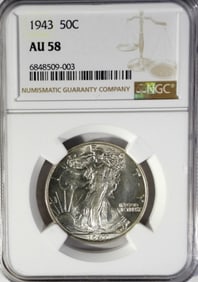 1943 WALKING LIBERTY HALF NGC AU58
