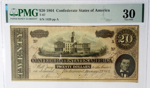 1864 $20 CONFEDERATE STATES OF AM PMG 30