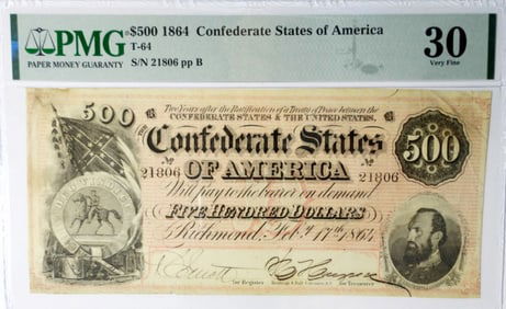 1864 $500  CONFERERATE STATES OF AM  PMG 30