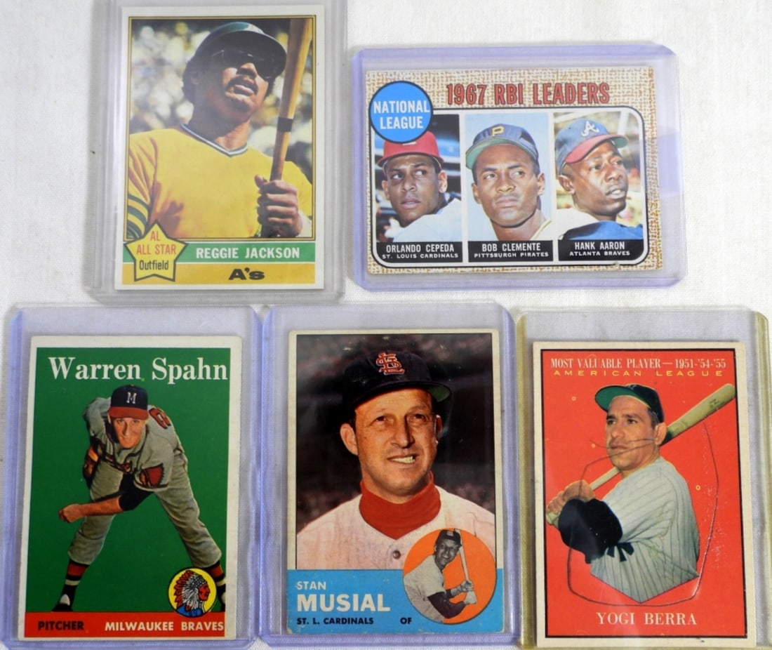 (5) BASEBALL STAR CARDS - 63T MUSIAL .: 58T SPAHN, 68T RBI LDRS, 76T REGGIE JACKSON ALL VGEX/EX plus 61T BERRA MVP penciled on front