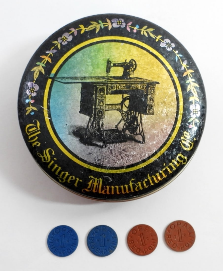 (146) VINTAGE WWII OPA RATION COINS: (146) VINTAGE WWII OPA RATION COINS 13 BLUE (2-WW), 133 RED (2-YC) IN A VINTAGE SINGER MANUFACTURING CO TIN