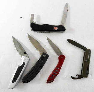 (5) TACTICAL SURVIVAL KNIVES: INOX, COAST, SHEFFIELD, CAROLINA, VICTORINOX SWISS ARMY, SOME WEAR