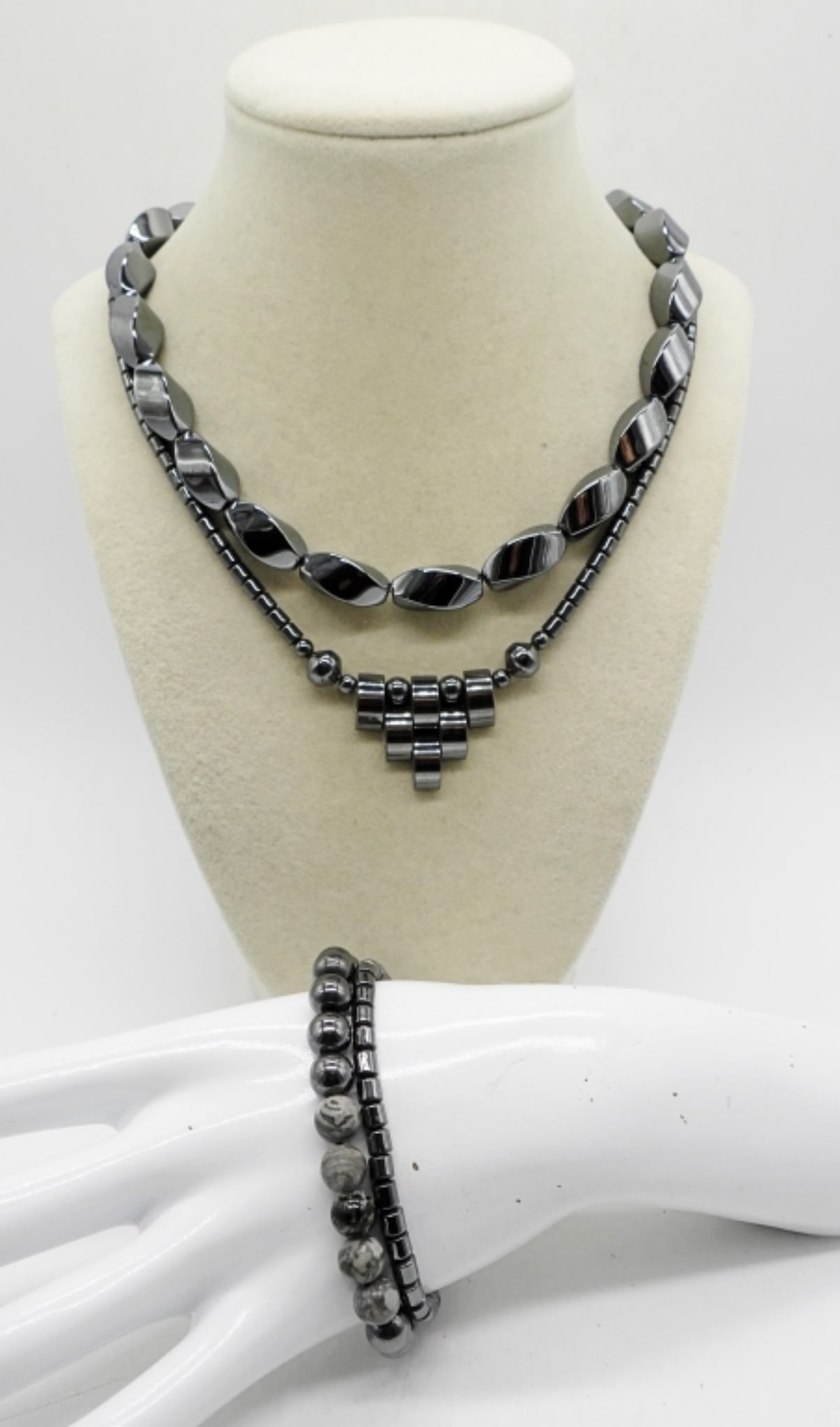 (4) HEMATITE NECKLACES & BRACELETS: TWO HEMATITE NECKLACES, 17" & 18". TWO HEMATITE BRACELETS, 7" & 8".