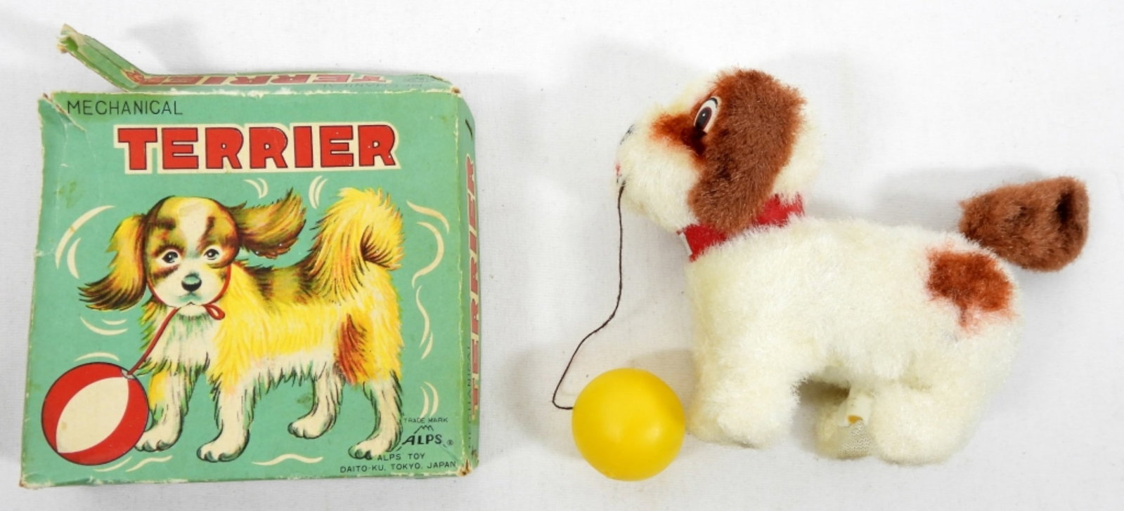 1960s ALPS WIND UP TERRIER DOG w/BOX: WORKING CONDITION (box shows wear)