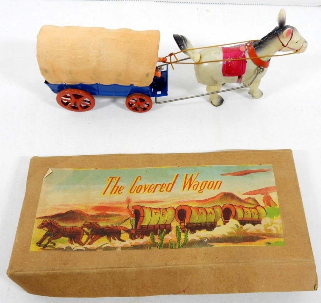 THE COVERED WAGON WIND UP TOY: MISSING KEY - UNTESTED as to working - NICE CONDITION in ORIGINAL BOX - MADE IN OCCUPIED JAPAN