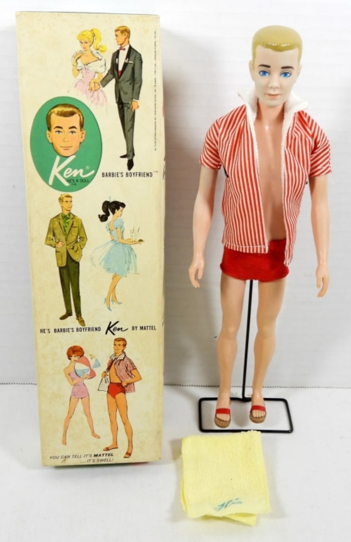 1960 MATTEL "KEN" DOLL in BOX: ORIGINAL with STAND SWIM SUIT/COVER UP /SANDLES & STAND - VERY NICE CONDITION