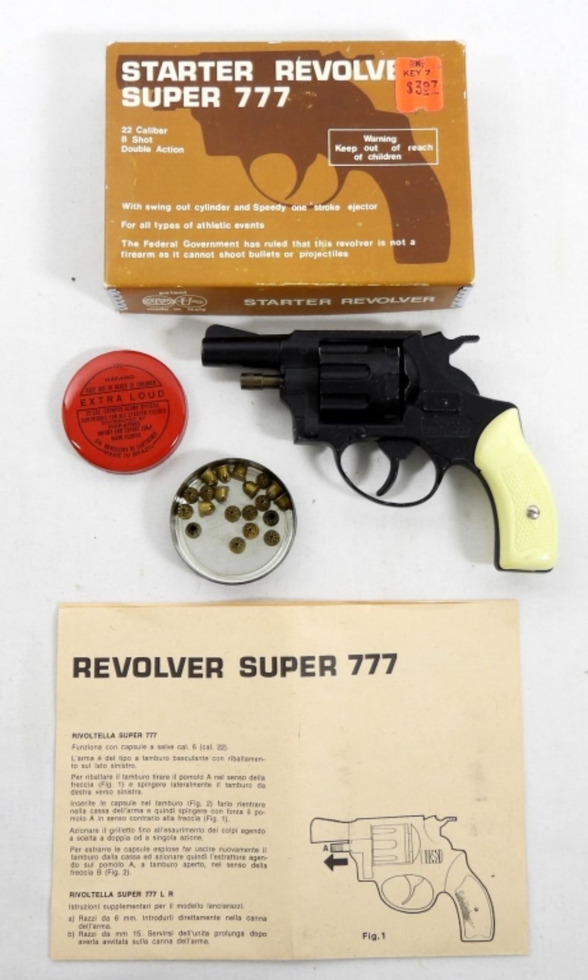 STARTER REVOLVER SUPER 777: STARTER REVOLVER SUPER 777 22 CALIBER IN ORIGINAL BOX WITH PAPERWORK & CRIMPED BLANK CARTRIDGES FOR ALL STARTER PISTOLS ( NOT A TOY)