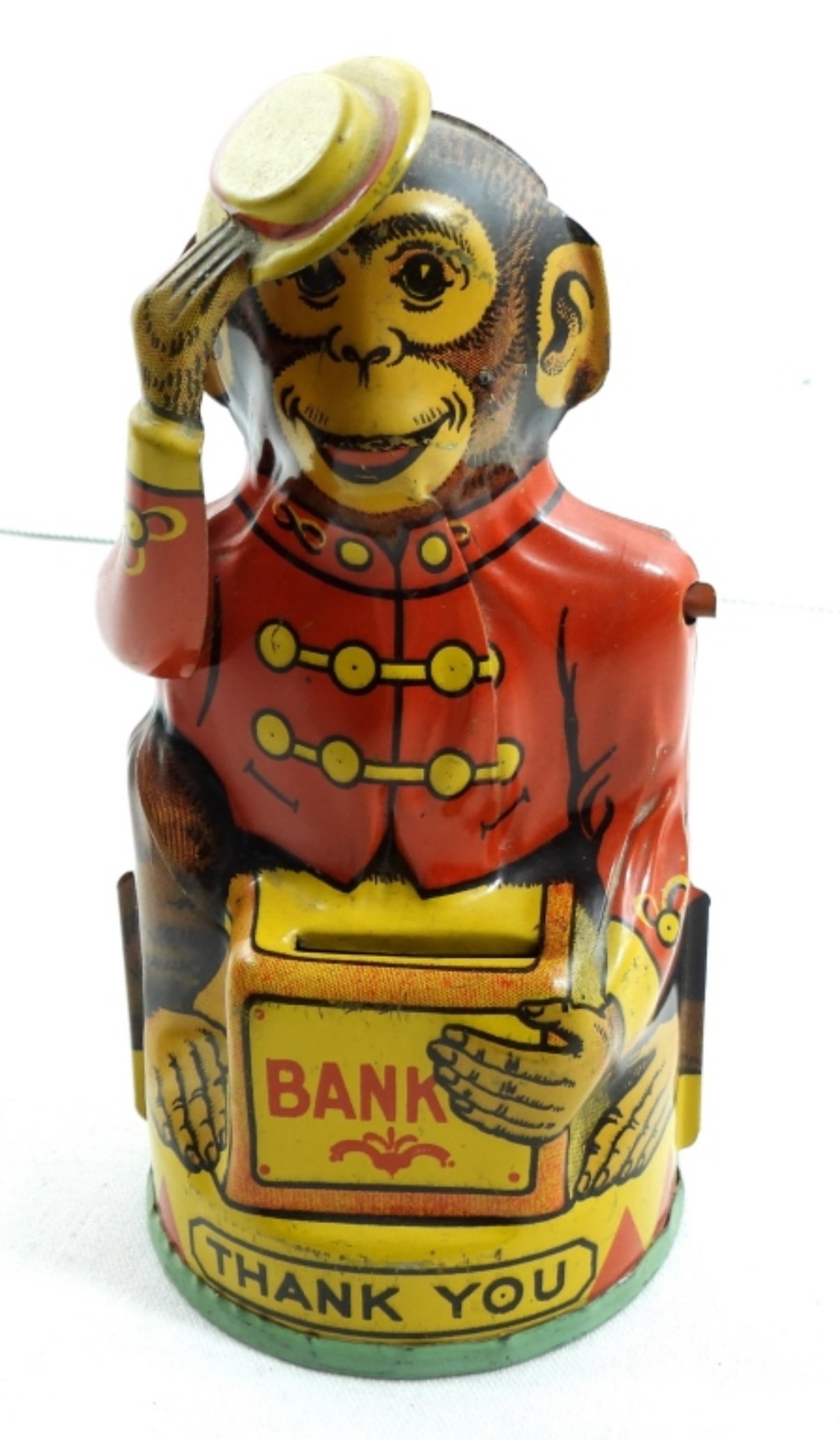 J CHEIN TIN MONKEY BANK - THANK YOU: MISSING ONE ARM - SLIGHTLY WORKS