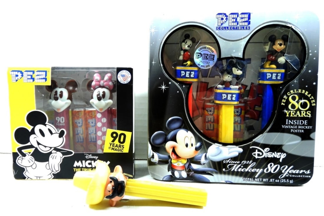 PEZ DISNEY COLLECTION (5) in BOXES: plus (1) VTG PEZ - PACKAGE show wear on the 80 YR ANNIV SET