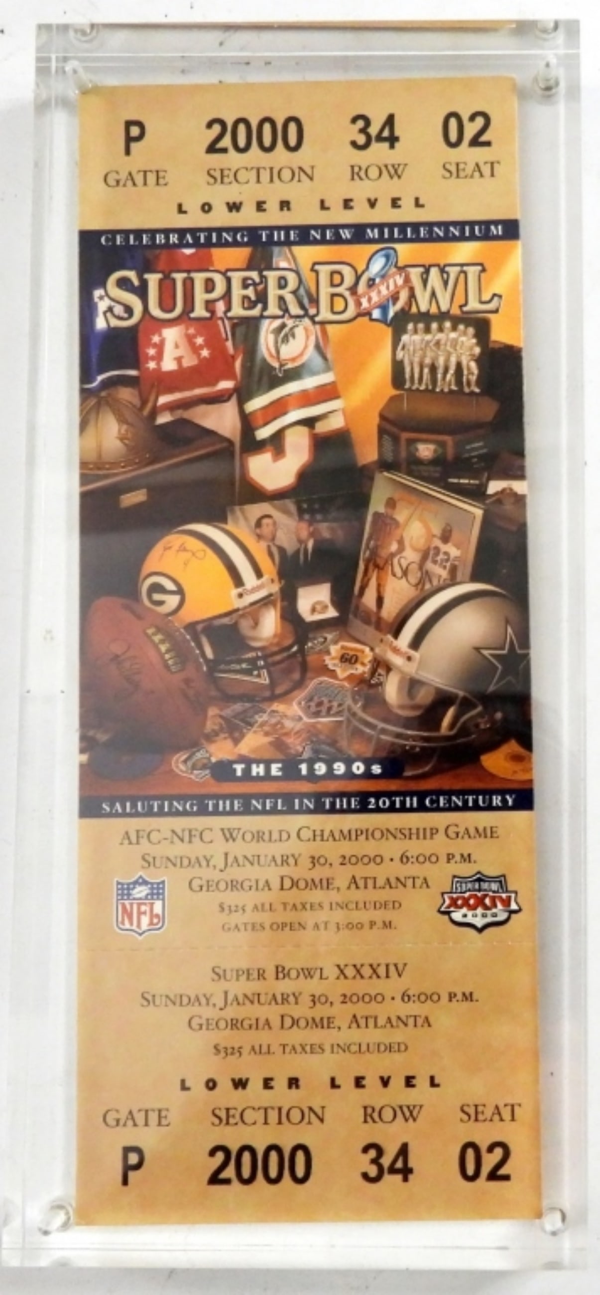2000 NFL SUPERBOWL TICKET ATLANDA UNUSED: GEORGIA DOME, JAN 30TH, MINT ACRYLIC HOLDER