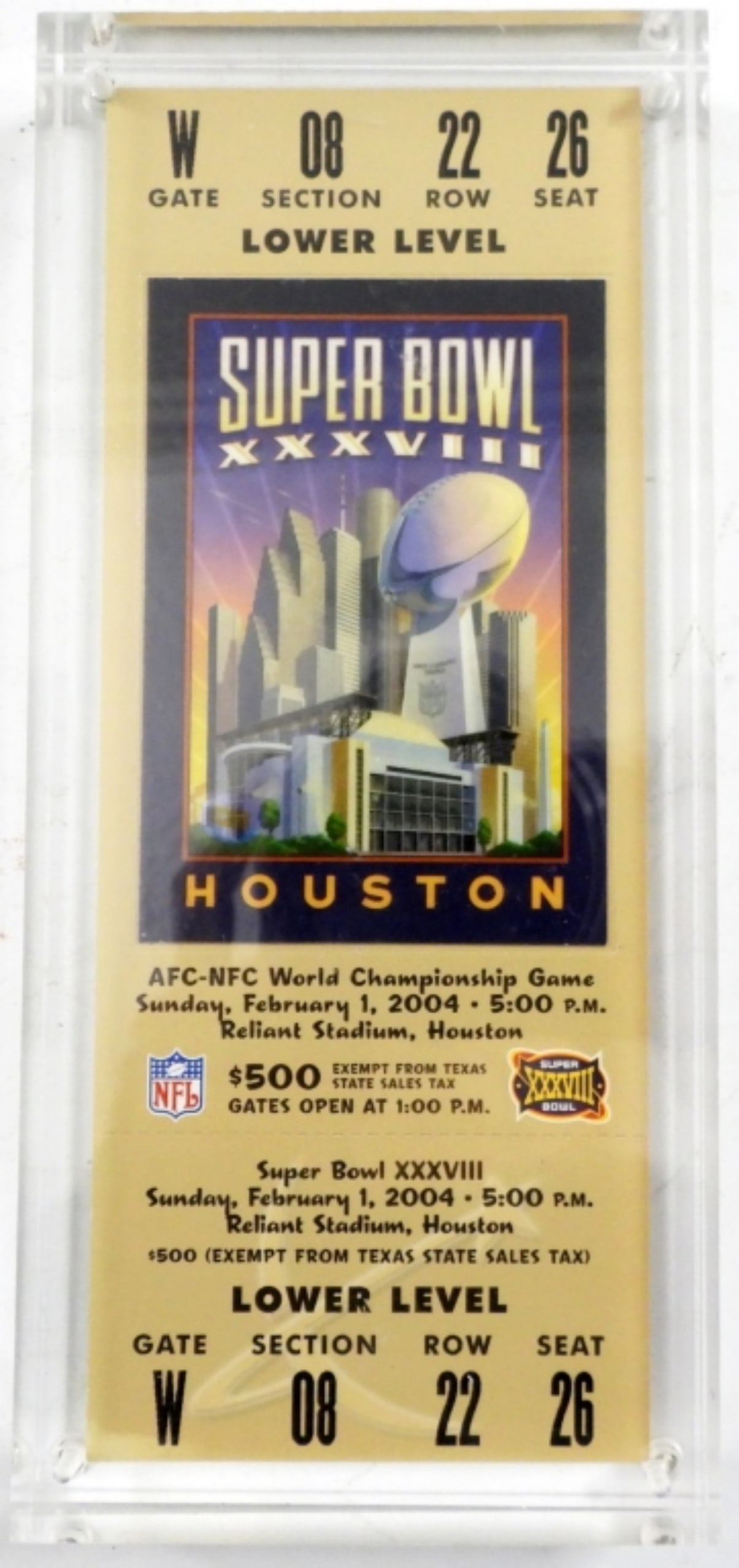 2004 NFL SUPERBOWL TICKET HOUSTON UNUSED: RELIANT STADIUM, FEB 1ST, MINT ACRYLIC HOLDER,