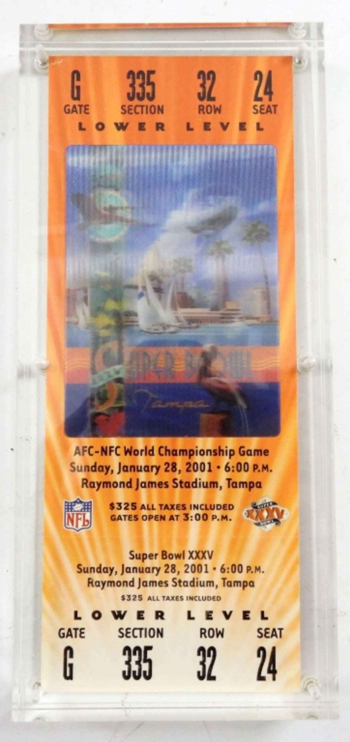 2001 NFL SUPERBOWL TICKET TAMPA UNUSED: RAYMOND JAMES STADIUM, JAN 28, MINT ACRYLIC HOLDER