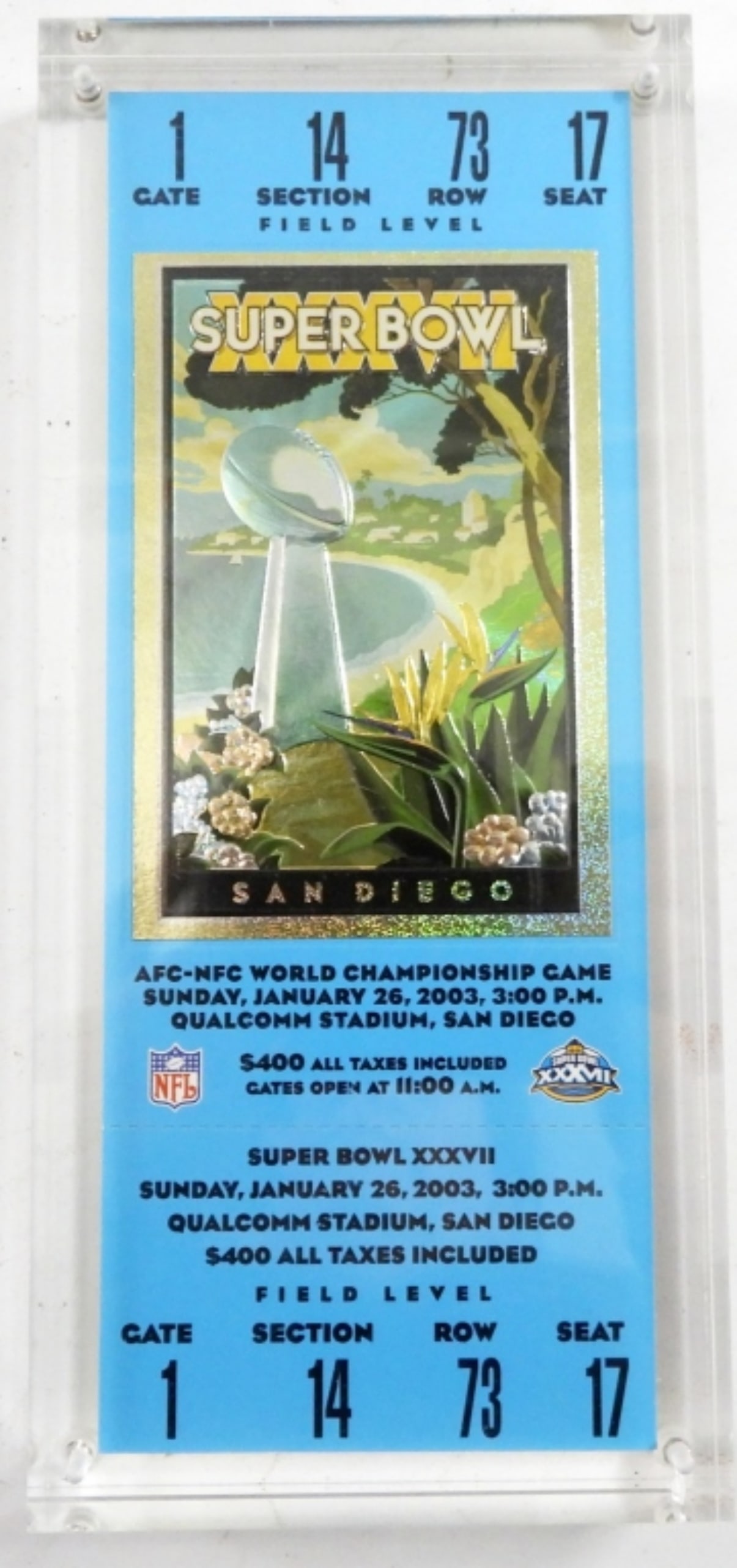 2003 NFL SUPERBOWL TICKET SAN DIEGO UNUSED: QUALCOMM STADIUM, JAN 26TH, MINT ACRYLIC HOLDER
