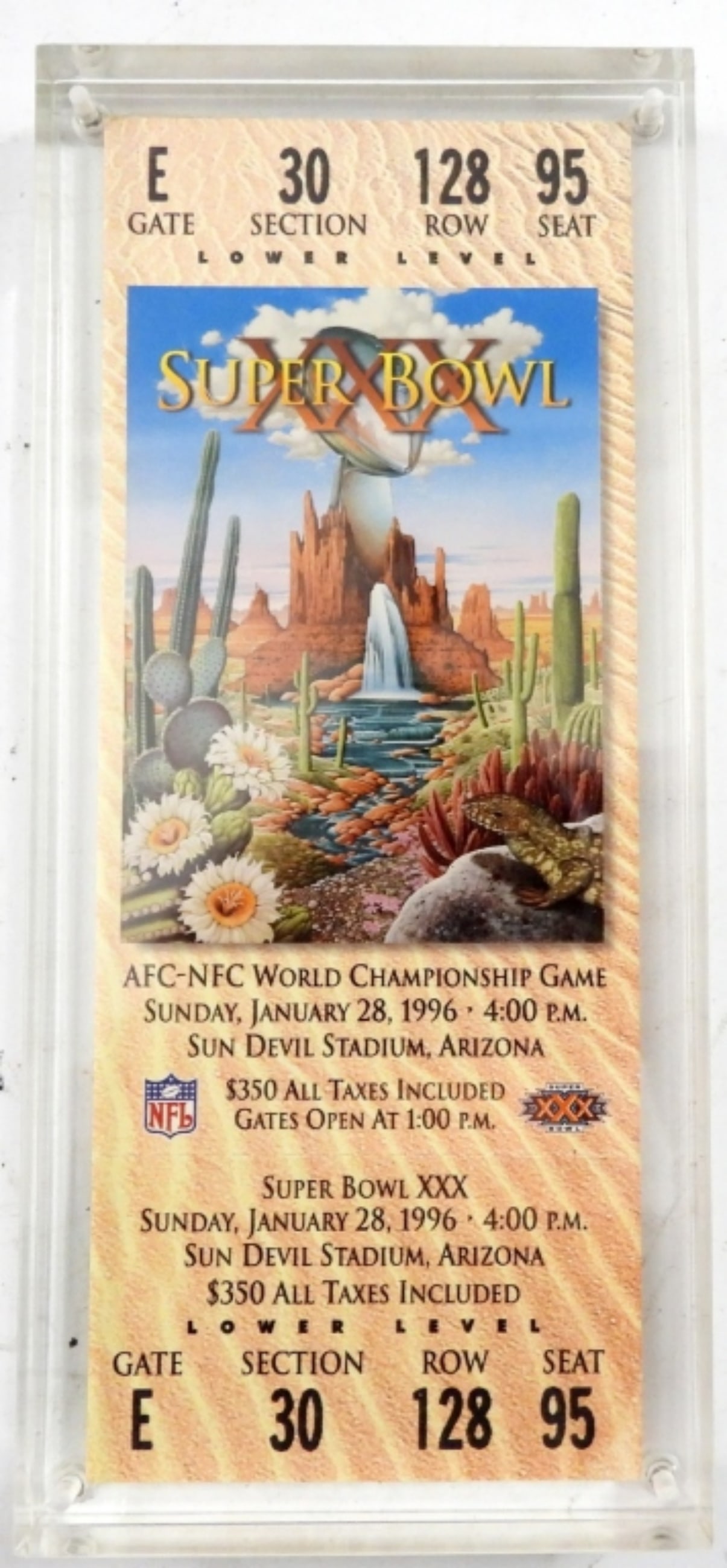 1996 NFL SUPERBOWL TICKET ARIZONA UNUSED: SUN DEVIL STADIUM, JAN 28, MINT ACRYLIC HOLDER