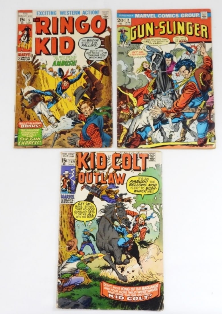 (3) BRONZE MARVEL WESTERN ACTION COMIC LOT: (3) BRONZE MARVEL WESTERN ACTION COMIC LOT #2 GUN SLINGER, #15 THE RINGO KID, & # 149 KID COLT OUTLAW ( G/VG)