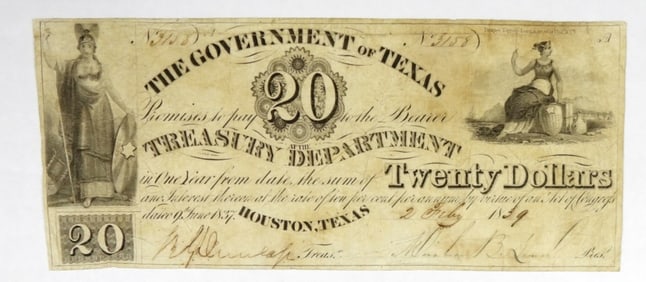 1839 20$ GOVERNMENT OF TEXAS TREASURY NOTE