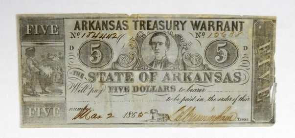 1862 $5 ARKANSAS TREASURY WARRANT