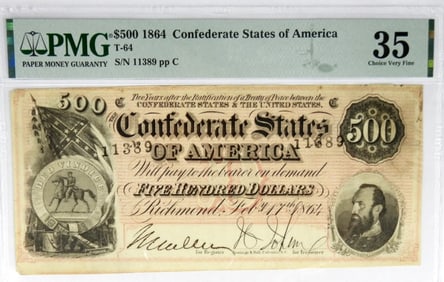 1864 $500 CONFED STATES OF AMERICA PMG 35