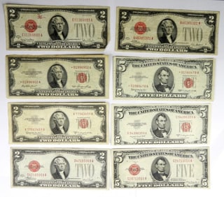 (3)$5 RED SEAL, (5) $2 RED SEAL ( 2 STAR NOTES