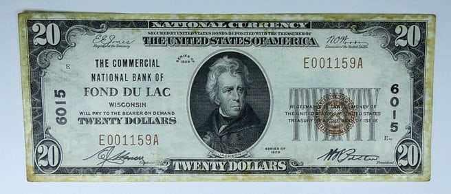 1929 $20 NATIONAL CURRENCY,FOND DU LAC WI