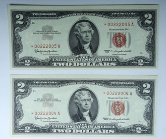 (2) 1963 $2 RED SEAL(STAR NOTES) CON SERIAL #'S