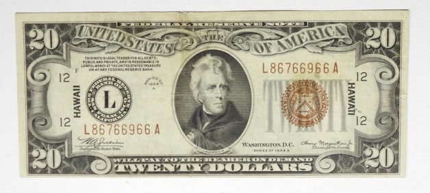 1934 A #20 FEDERAL RESERVE NOTE HAWAII