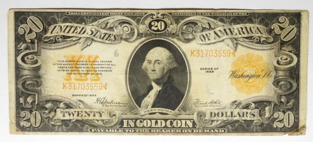 1922 $20 GOLD CERTIFICATE LARGE NOTE