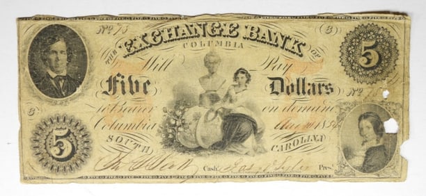 EXCHANGE BANK COLUMBIA, SC $5 OBSOLETE