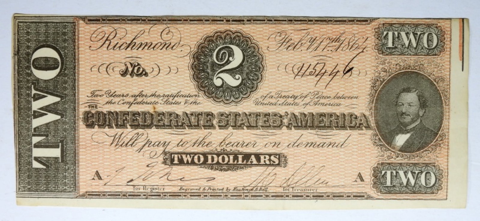 1864 $2 CONFEDERATE STATES OF AMERICA: 1864 $2 CONFEDERATE STATES OF AMERICA