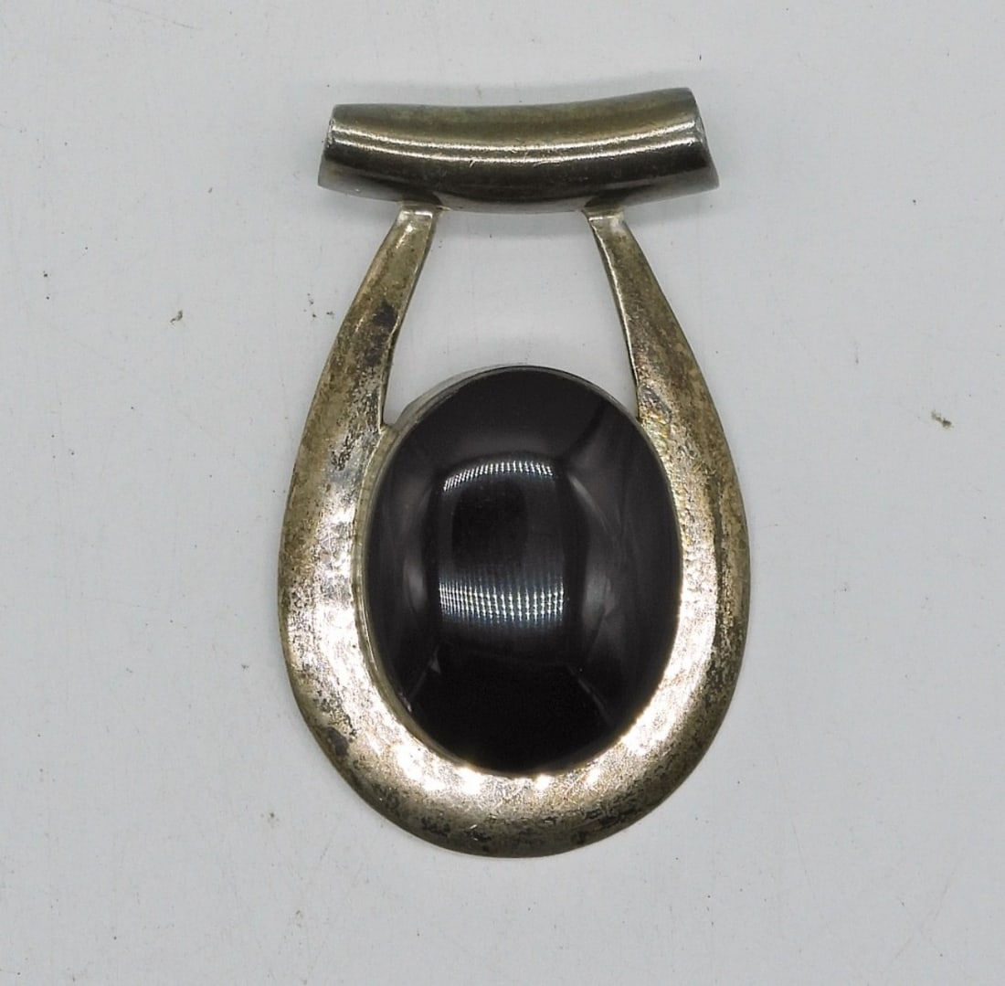 Big Sterling Slider Pendant: Big Sterling Silver Slider Pendant with Black Gemstone. 2"x 1". Marked 925. 18.6 DWT