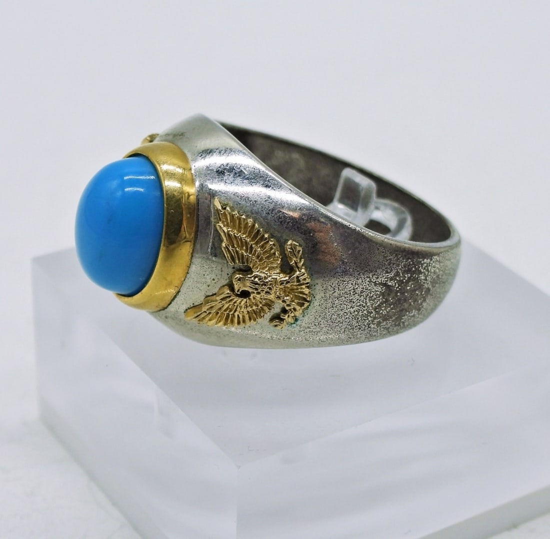 Sterling 10k Eagle Ring: Sterling Silver Ring Size 11 3/4, Faux Turquoise. Eagles on side of Ring are 10K YG. Marked "925 Sterling" & "10K Eagles". 9.4 DWT