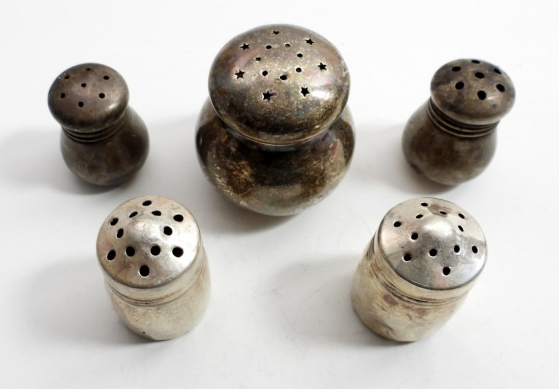 (5) MINI STERLING SHAKERS: FIVE ADORABLE STERLING SALT / PEPPER SHAKERS. 1-1.5" TALL. VERY SMALL AND CUTESY.