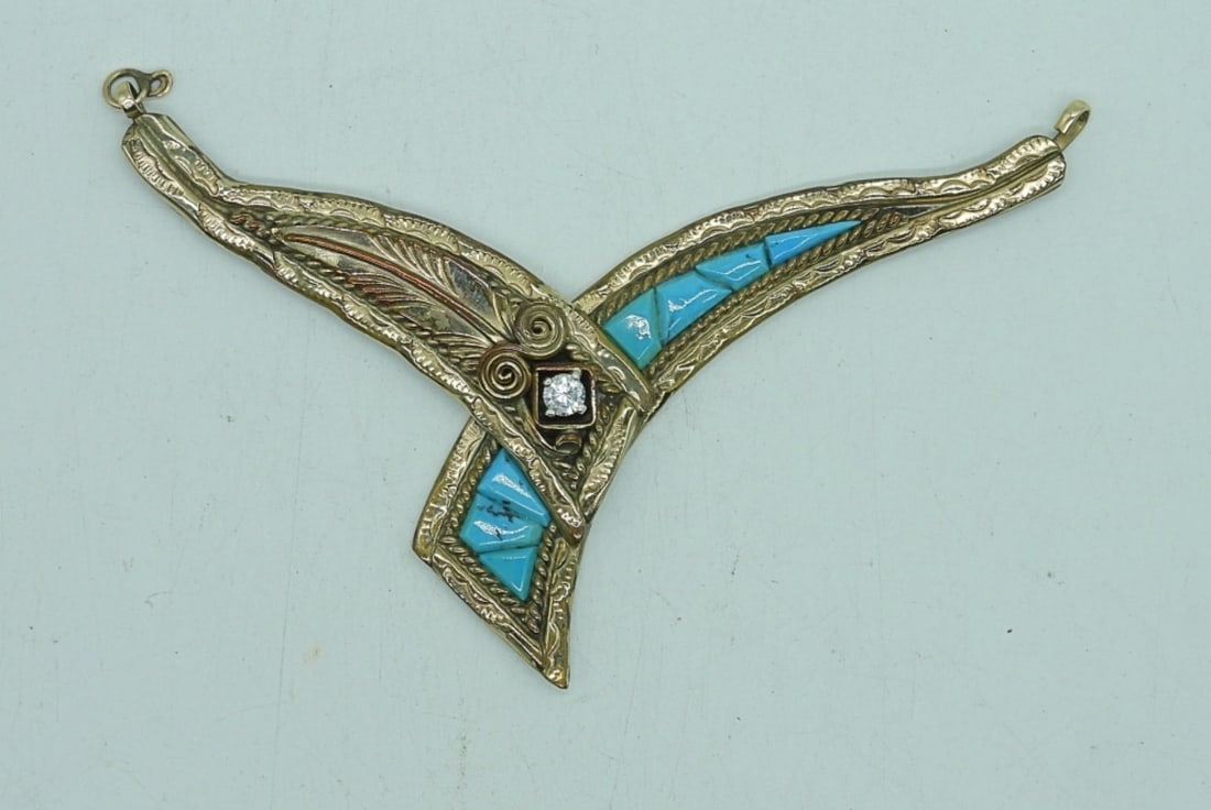 STERLING TURQUOISE CZ PENDANT: STERLING SILVER, GOLD FILLED TURQUOISE & CZ PENDANT. CHAIN BROKE, CAN BE REPLACED. 4" WIDE. 13.7 DWT