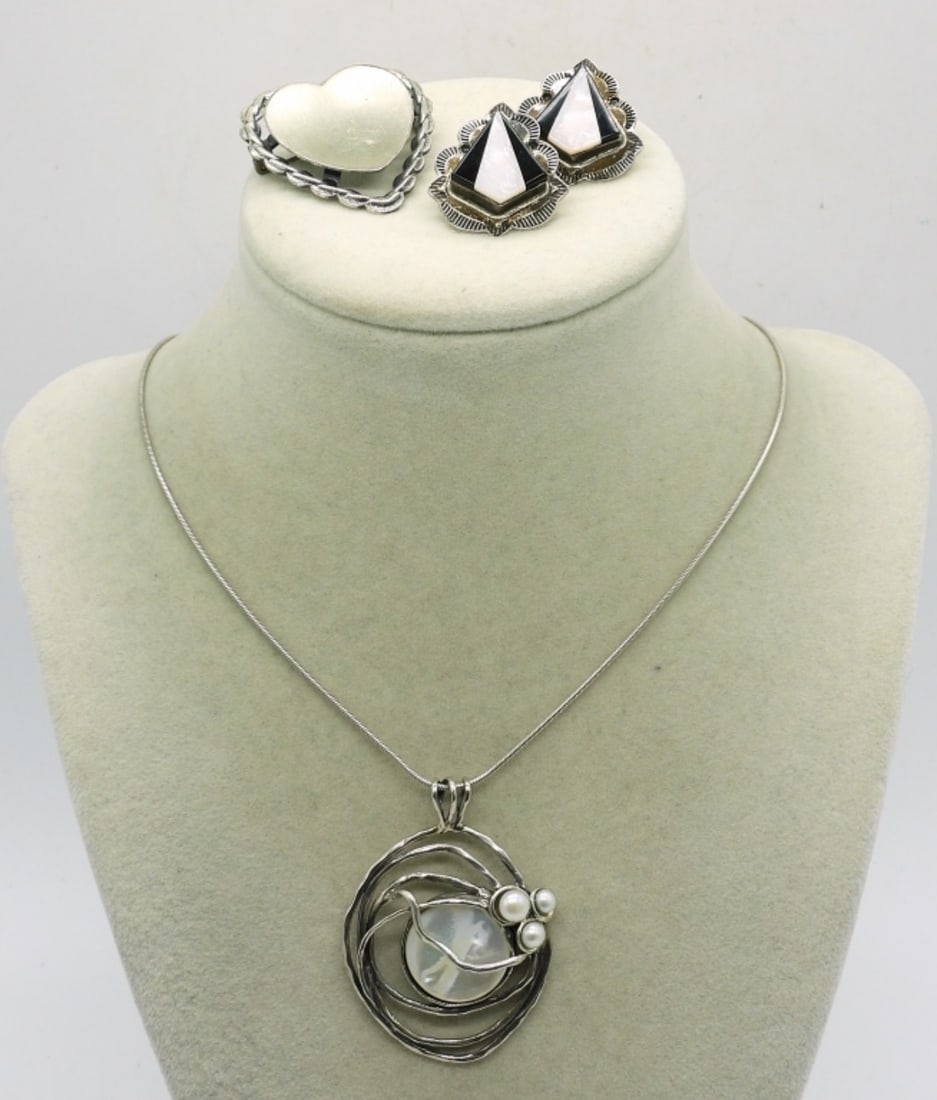 MOTHER OF PERAL STERLING PIECES: EARRINGS ARE MARKED "DJS STERLING". PIN IS MARKED "BEAU STERLING". NECKLACE IS 18" MARKED "925". 18.3 DWT