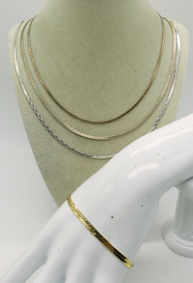 STERLING CHAIN NECKLACES & BRACELET: STERLING GOLD AND SILVER TONE NECKLACES AND BRACELETS. 8", 17", 19.5", 24". 12.2 DWT