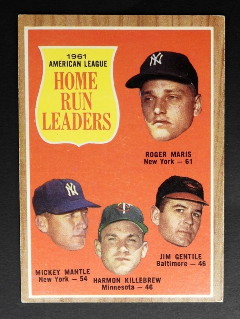 1962 TOPPS #53 MARIS/MANTLE/KILLEBREW: 1962 TOPPS #53 HOME RUN LEADERS, MARIS/MANTLE/KILLEBREW VGEX