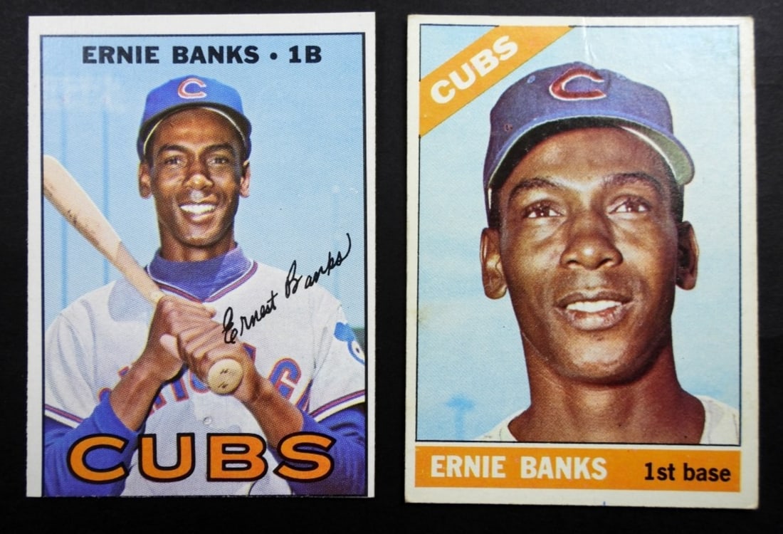 1966 & 1967 TOPPS ERNIE BANKS: 1966 T #110 VG light crease, 1967 T #215 EM off center T-B measure fine