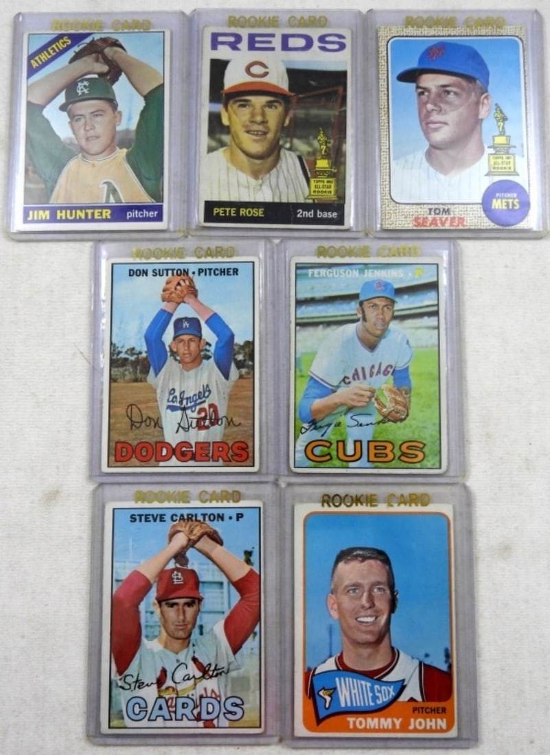 (7) 1960s STAR CARDS inked on rev - UGH!: NICE LINE UP - ROSE, SEAVER, SUTTON, JENKINS, CARLTON, JOHN & CATFISH HUNTER ROOKIE