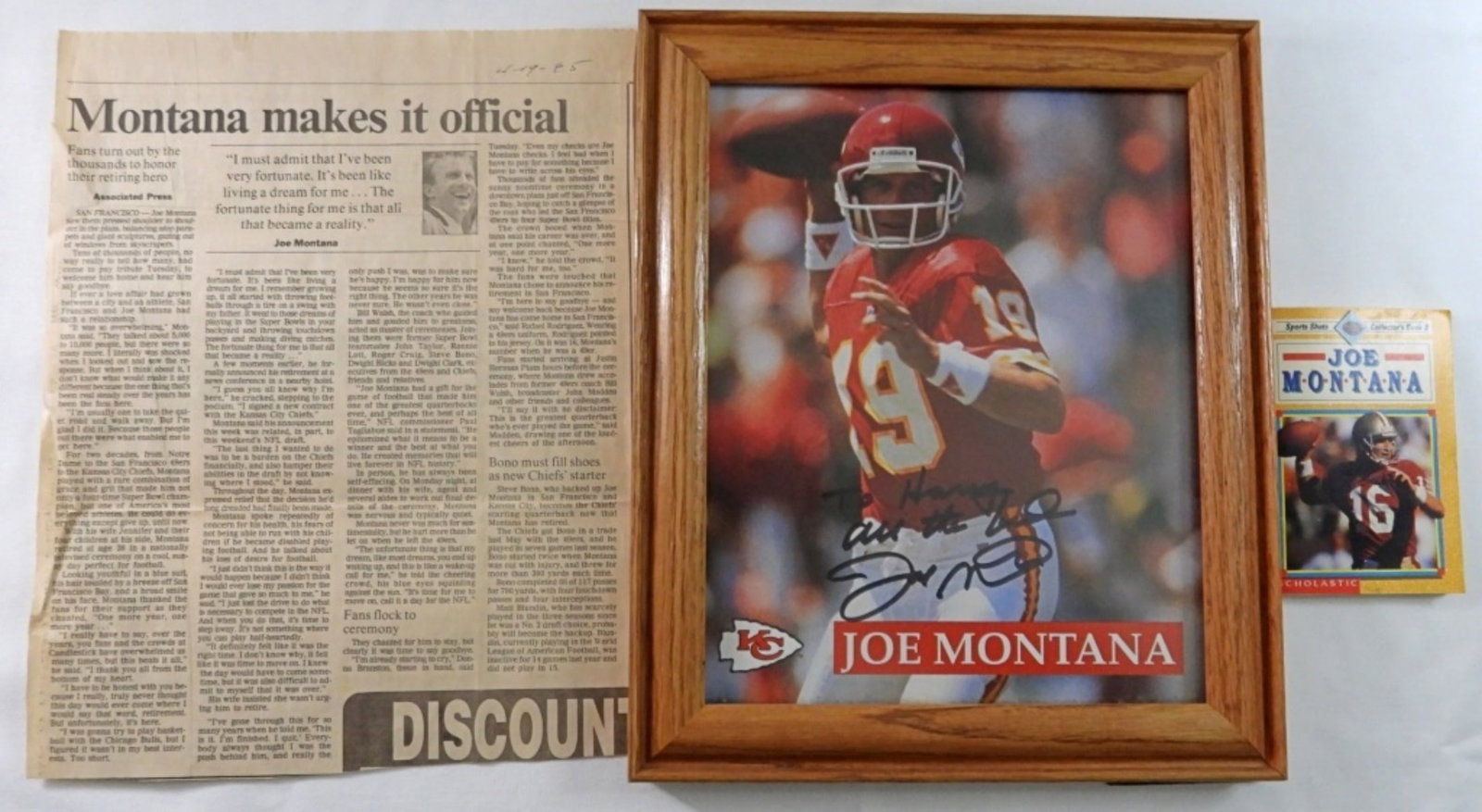 JOE MONTANA SIGNED PHOTO in FRAME: PERSONALIZED to "HARRY" with MONTANA COLLECTORS BOOK #2