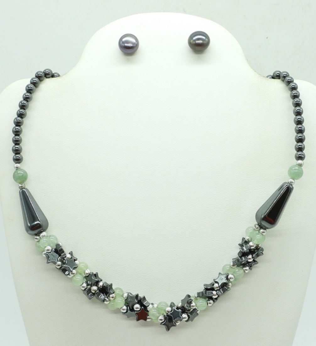 HEMATITE JADE NECKLACE & BLK PEARL EARRINGS (1 of 2)
