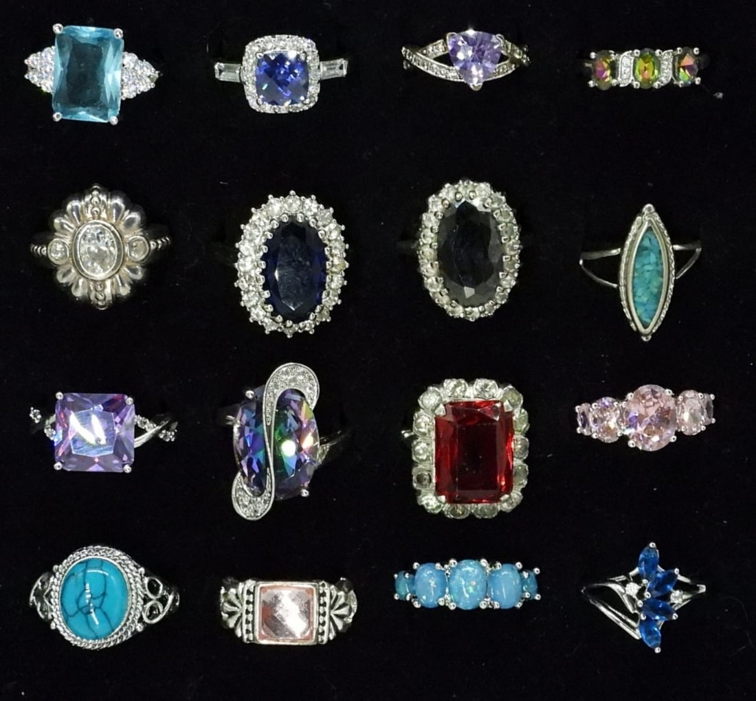 (16) SILVER TONE FASHION RINGS (1 of 2)