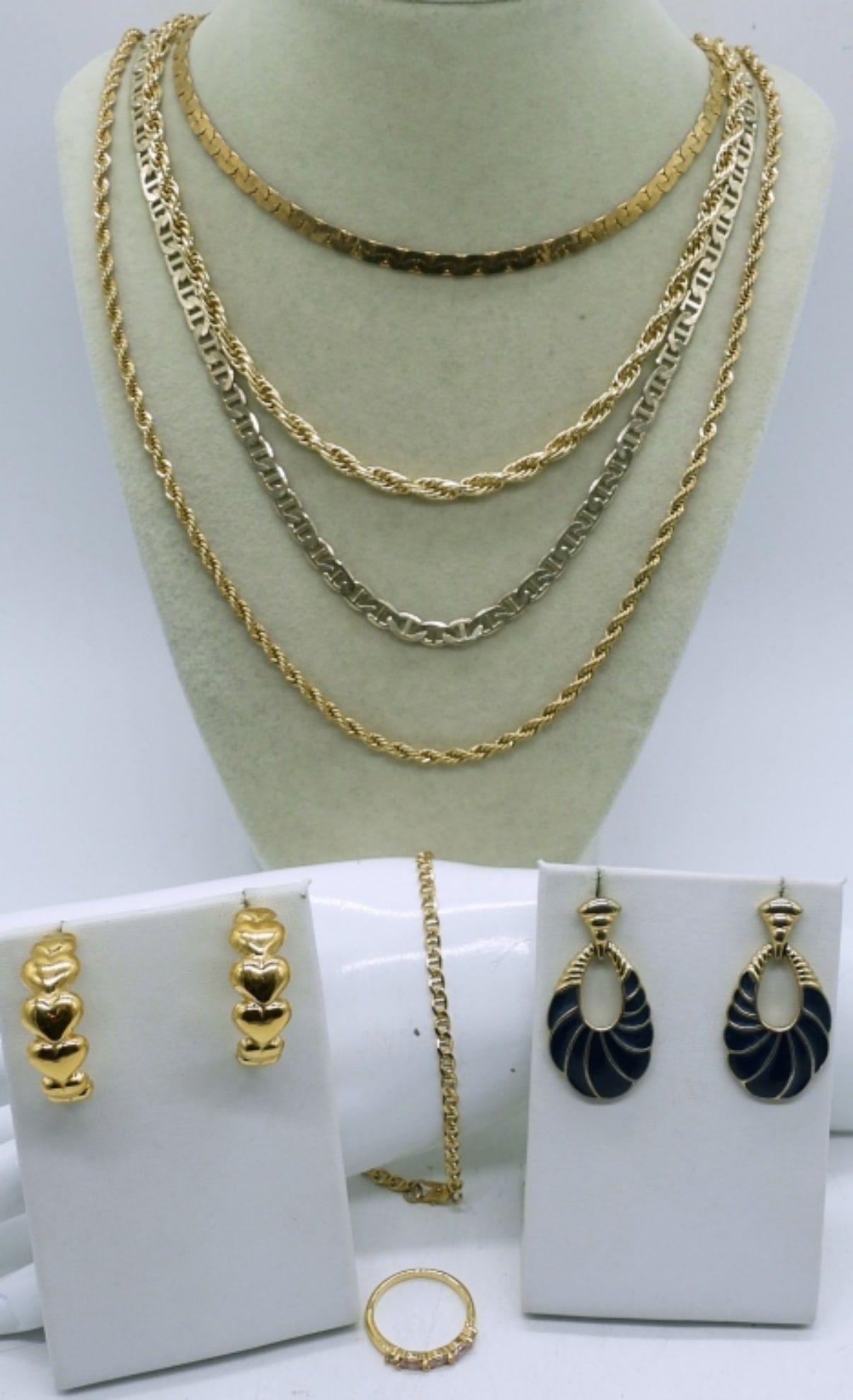 GOLD CHAINS, VTG EARRINGS: FOUR GOLD TONE CHAINS, 18-28". RING SIZE 8. BRACELET 8". 2 PIERCED EARRINGS.
