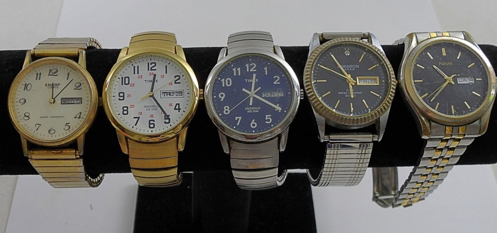 (5) MEN's DAY/DATE WRIST WATCH LOT: (2) TIMEX INDIGLO, PULSAR, SHARP, SWANSON JAPAN - UNTESTED